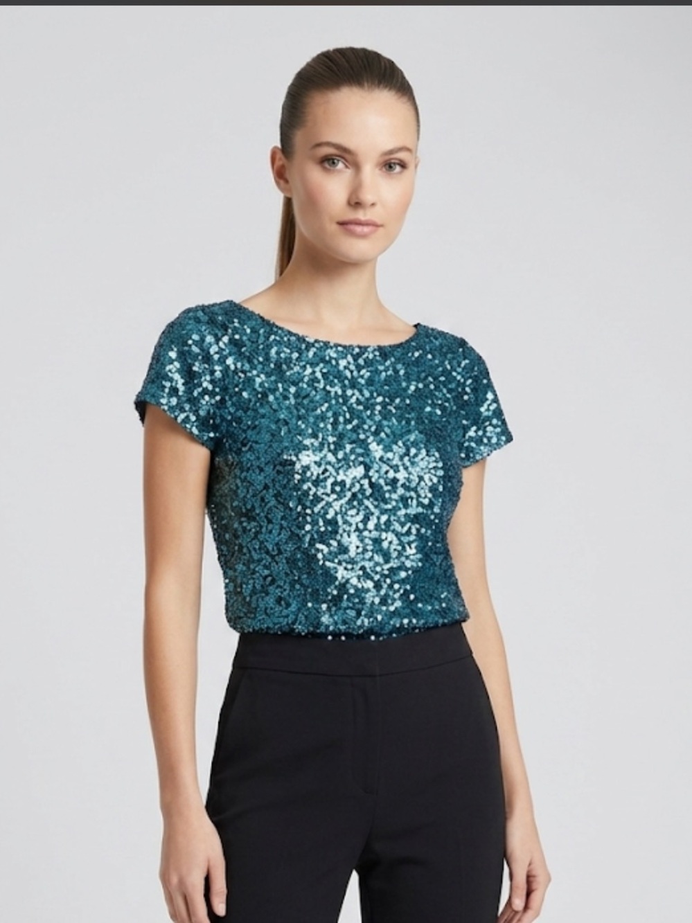 Alice and Olivia Teal Sequin Short-Sleeve Crop Top